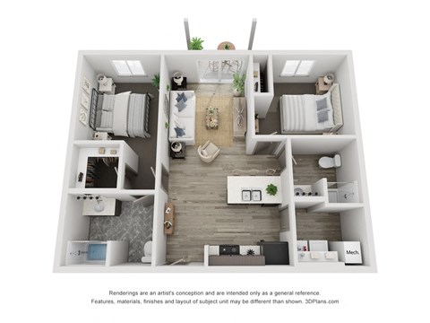 Floor plan for 2 beds, 2 baths, 937 sqft